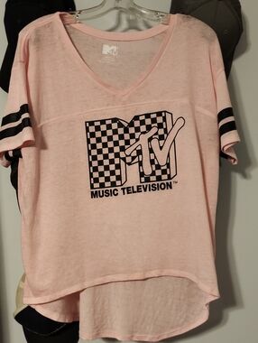 MTV Pink V-Neck Tee with Black Checker Logo and Sleeve Stripes
